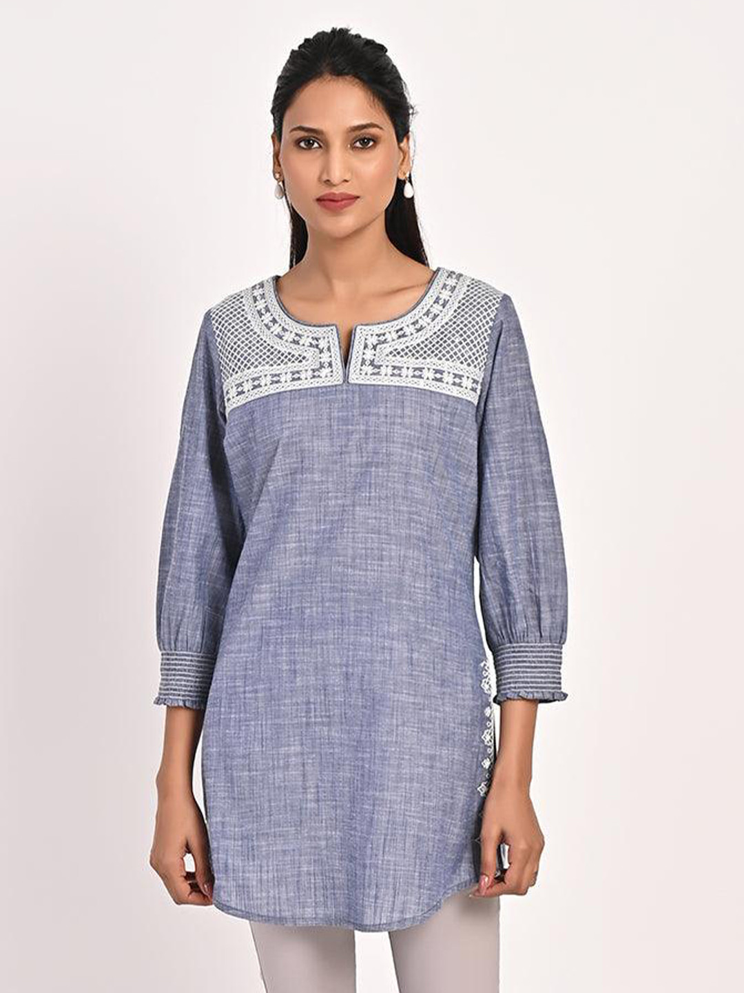 

Lakshita Round Neck Embroidered Pure Cotton Tunic, Blue