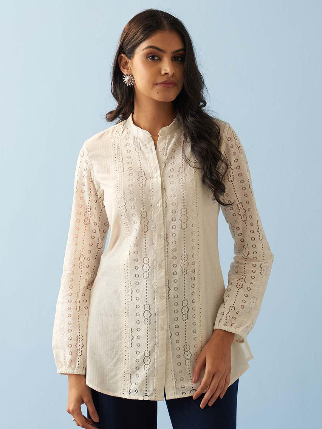 

Lakshita Self Design Mandarin Collar Schiffli Detail Tunic, White