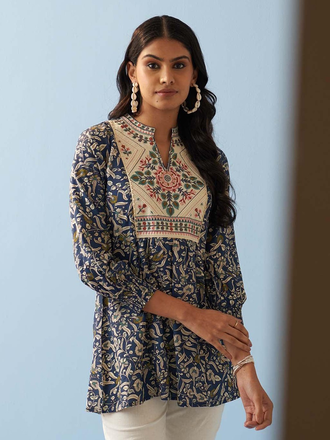 

Lakshita Floral Printed Mandarin Collar Tunic, Navy blue