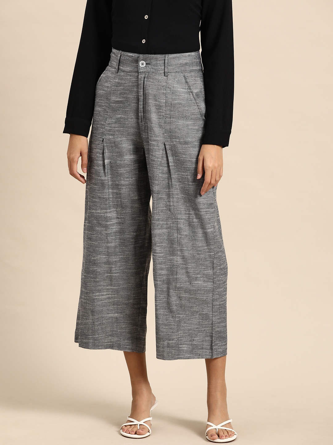 

all about you Women Textured Loose Fit High-Rise Cropped Trousers, Grey