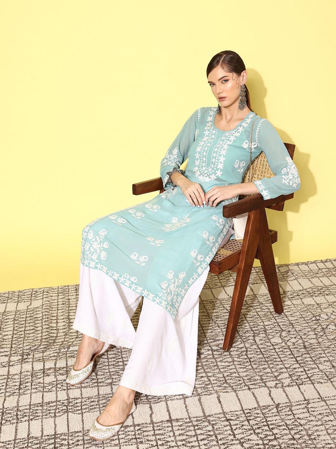 

Kvsfab Women Floral Embroidered Regular Chikankari Kurta with Palazzos, Turquoise blue