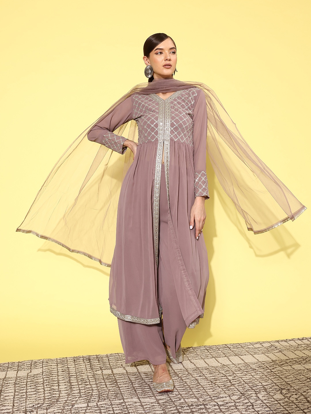 

Kvsfab Women Yoke Design Regular Mirror Work Kurta with Palazzos & With Dupatta, Mauve