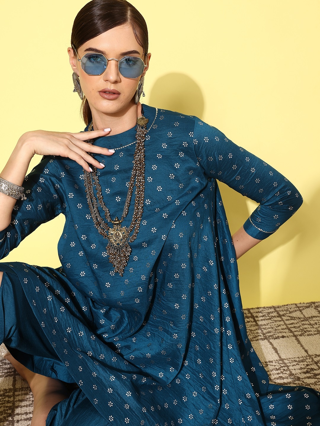 

Kvsfab Women Floral Printed Regular Gotta Patti Kurta with Dhoti Pants, Teal