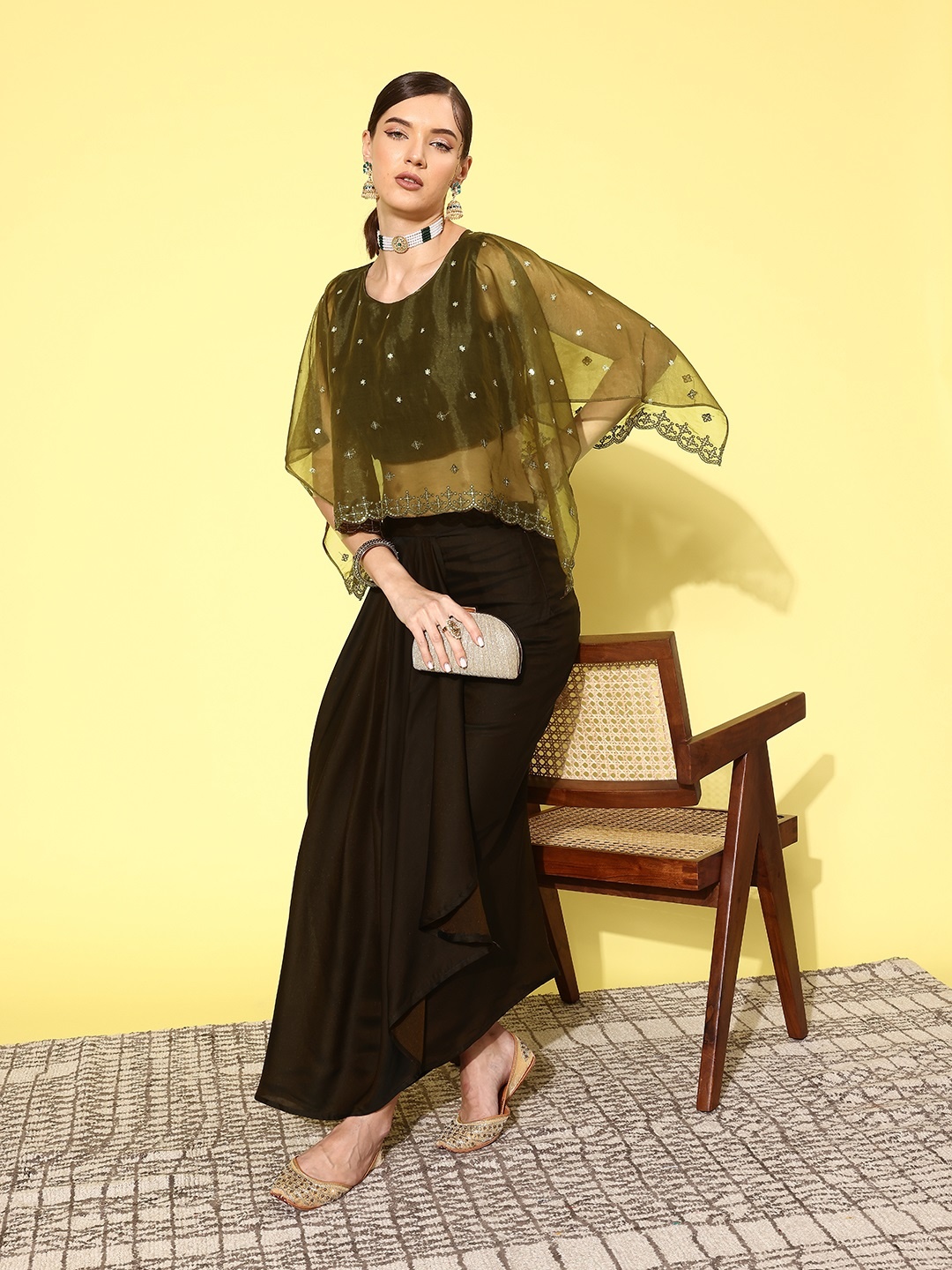 

Kvsfab Women Regular Sequinned Top with Dhoti Pants & Shrug, Olive