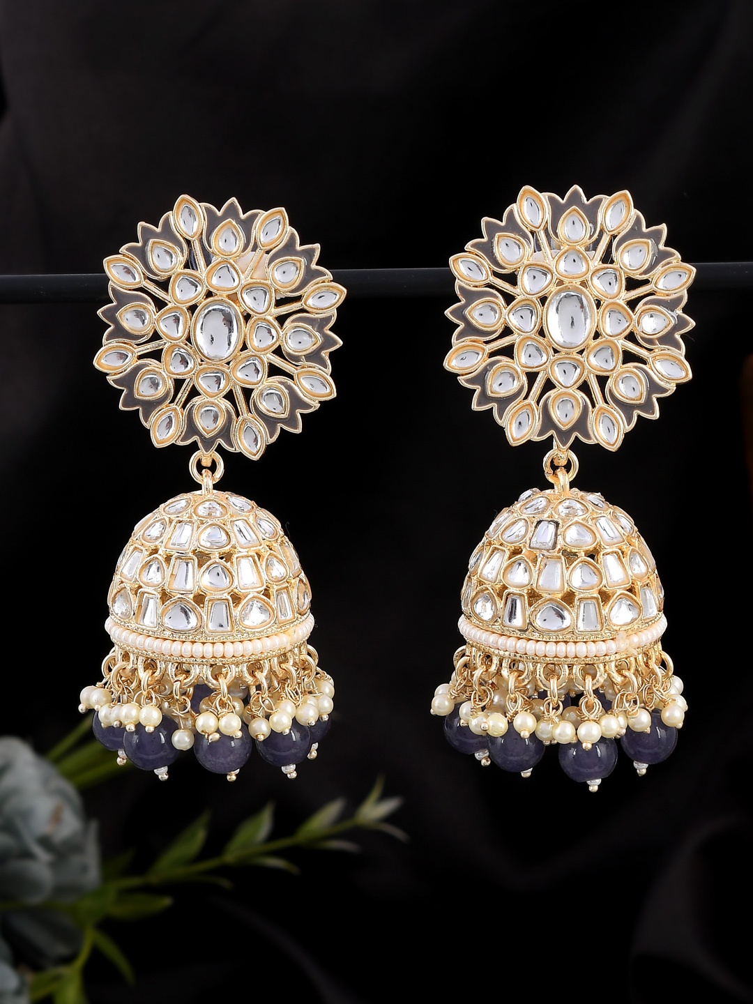 

AQUASTREET Gold-Plated Kundan Studded Floral Jhumkas, Black
