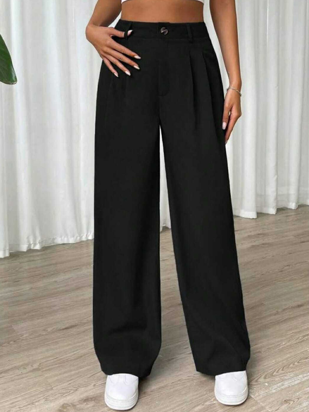 

Next One Women High-Rise Pleated Korean Trousers, Black