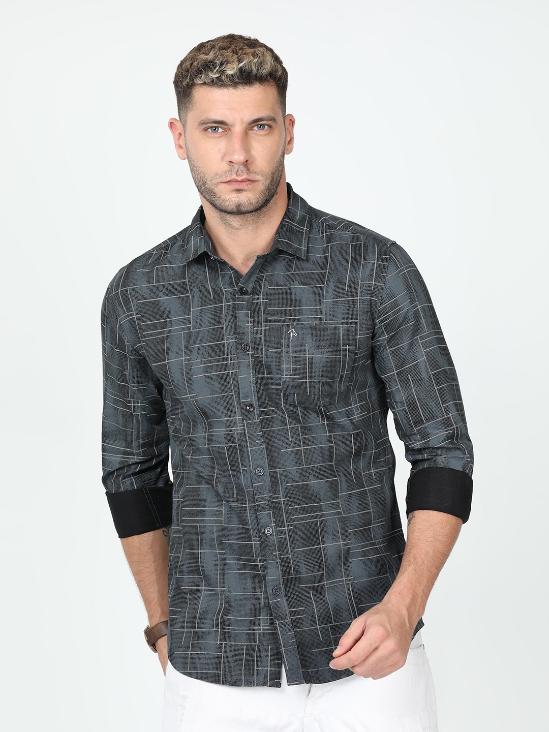 

CP BRO Slim Fit Opaque Printed Cotton Casual Shirt, Black