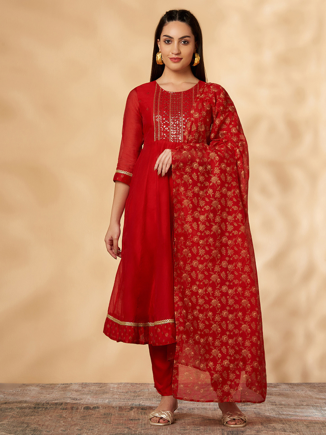 

IMARA Yoke Design Sequinned Embroidered Chanderi Silk Kurta & Churidar With Dupatta, Red