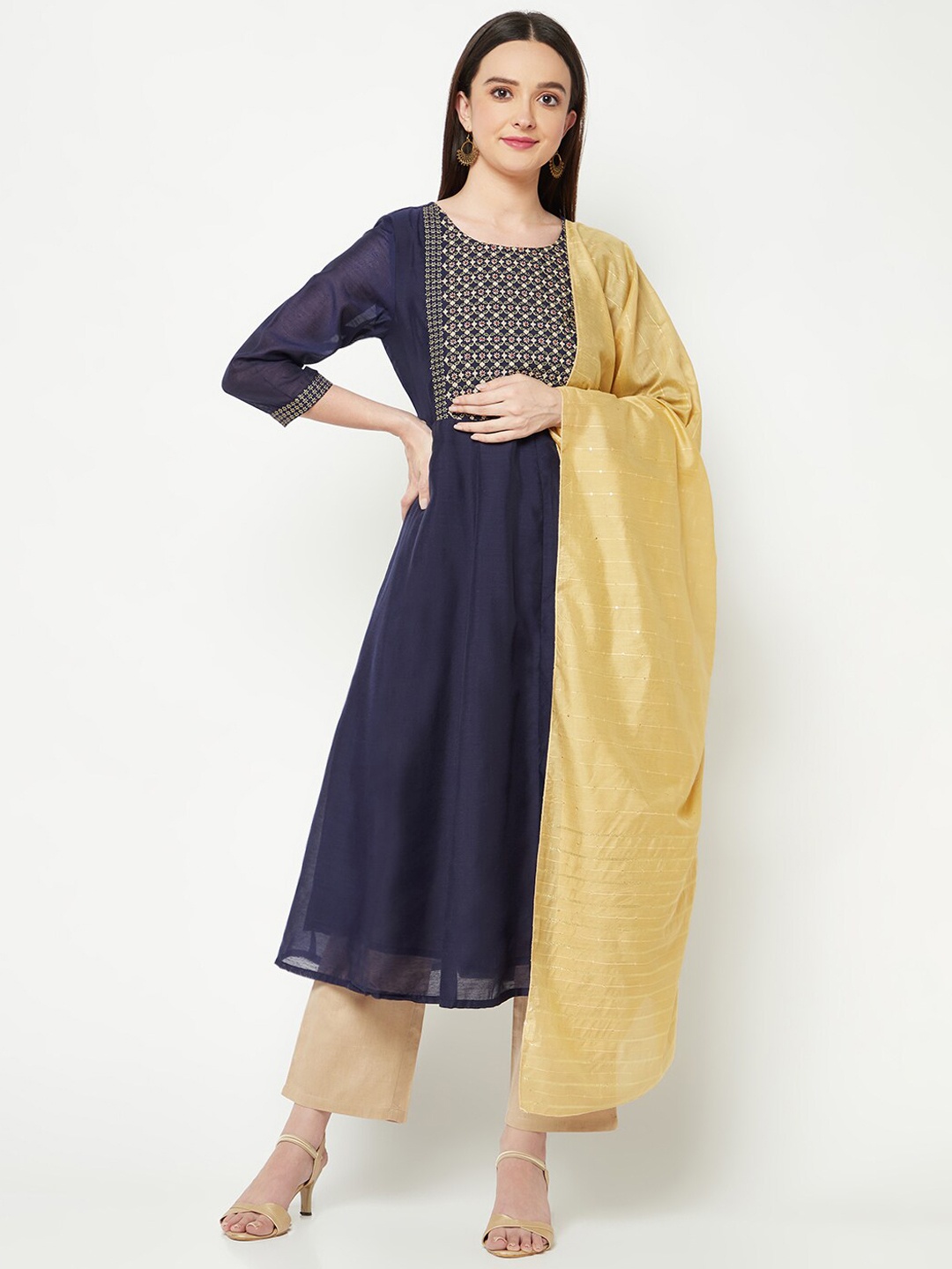 

IMARA Embroidered Regular Kurta with Trousers & Dupatta, Navy blue