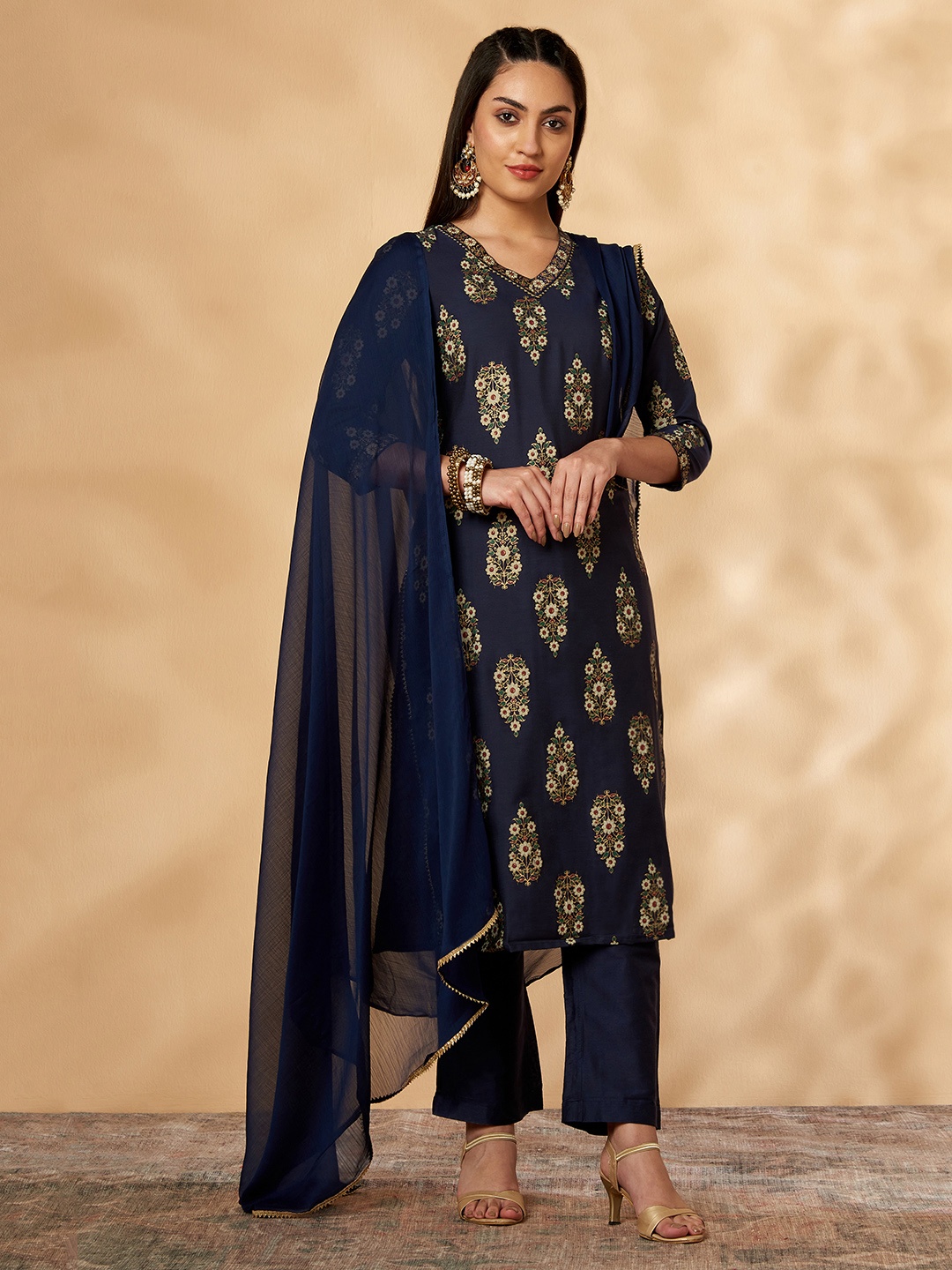 

IMARA Floral Printed Embroidered Gotta Patti Regular Kurta with Trousers & Dupatta, Navy blue