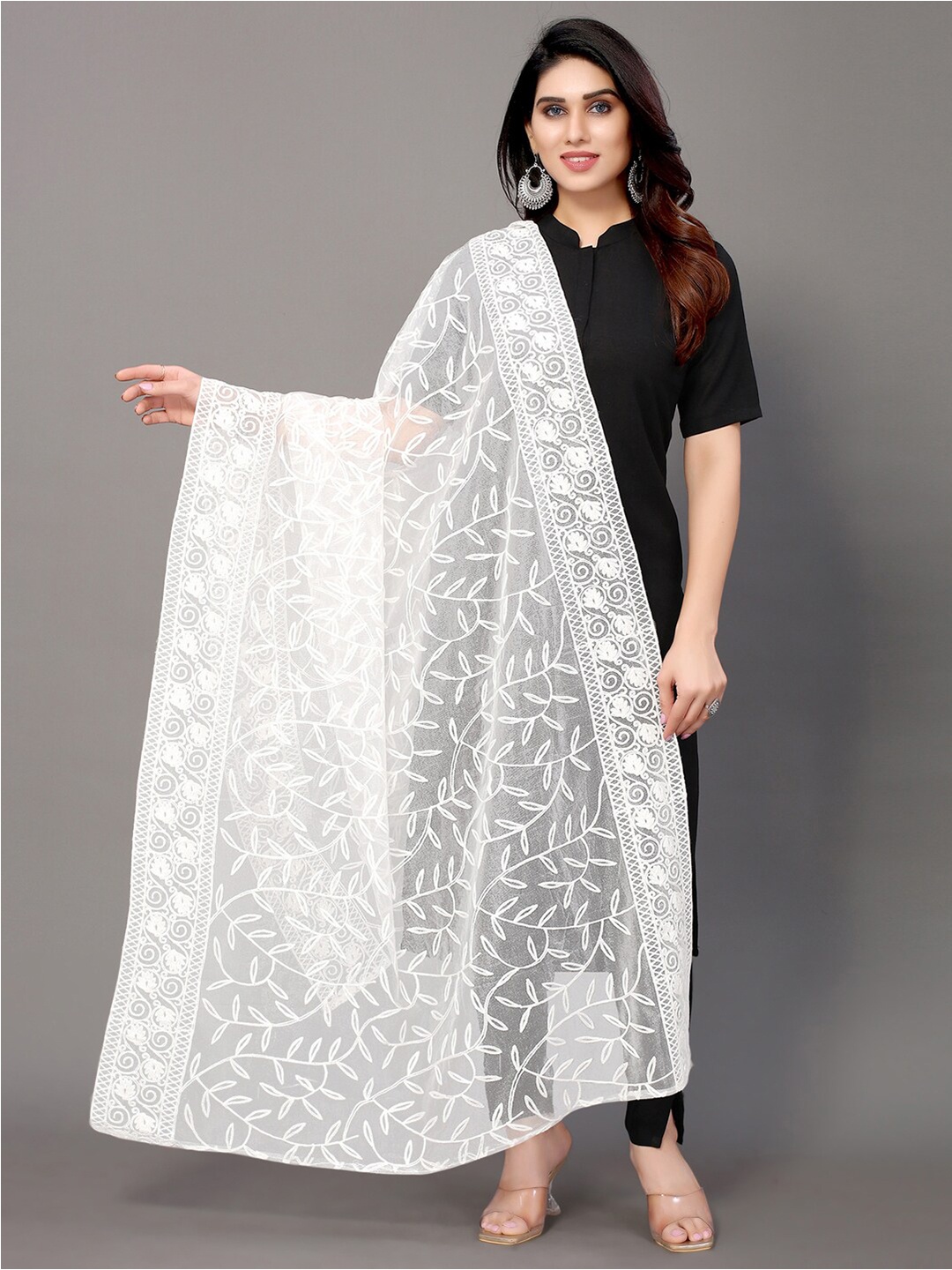 

KALINI Embroidered Chikankari Dupatta, White