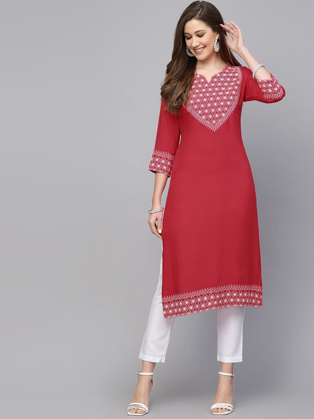 

KALINI Ethnic Motifs Printed Notched neck Kurta With Trousers, Pink