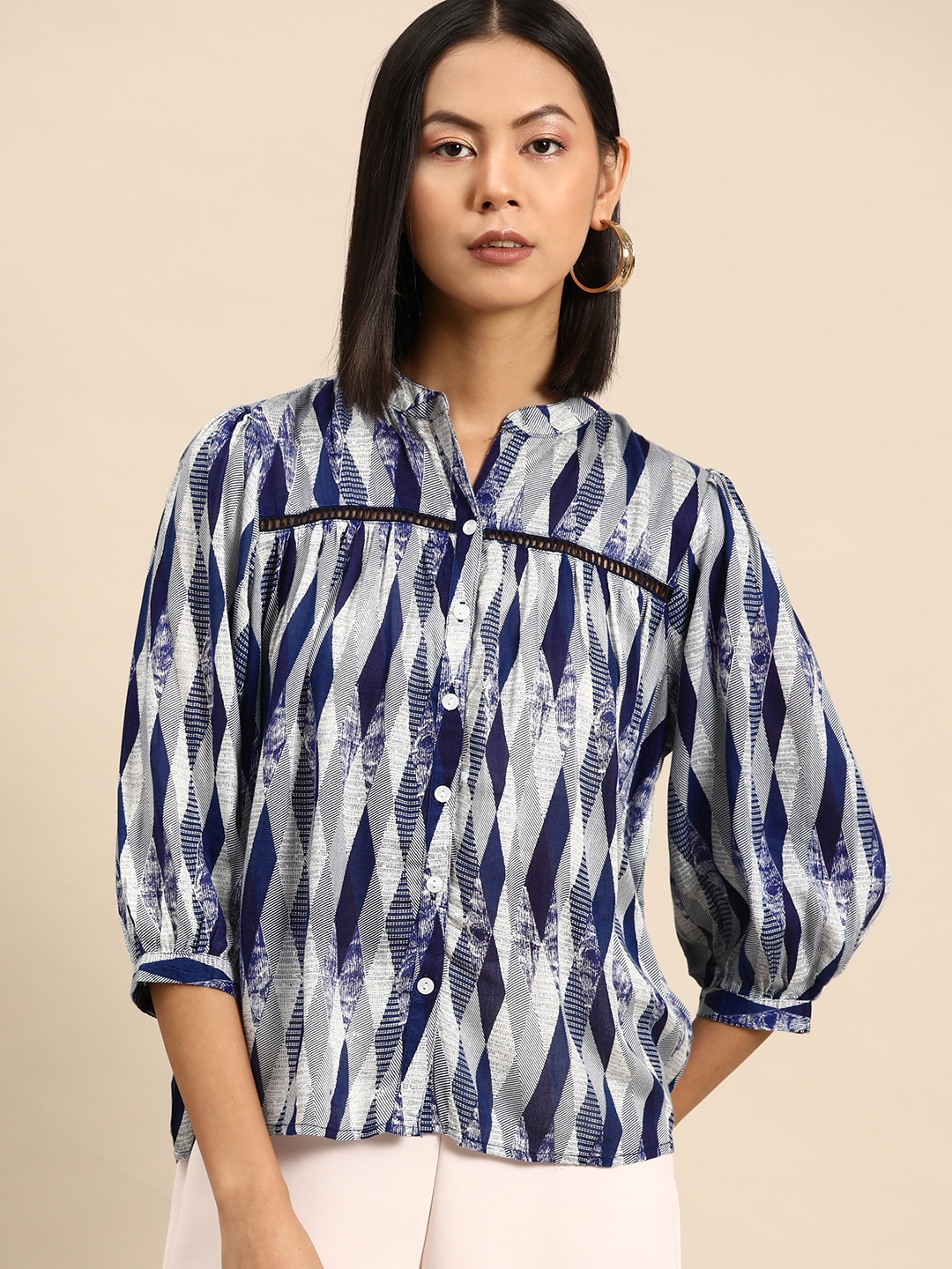 

all about you Geometric Print Mandarin Collar Puff Sleeve Shirt Style Top, Blue