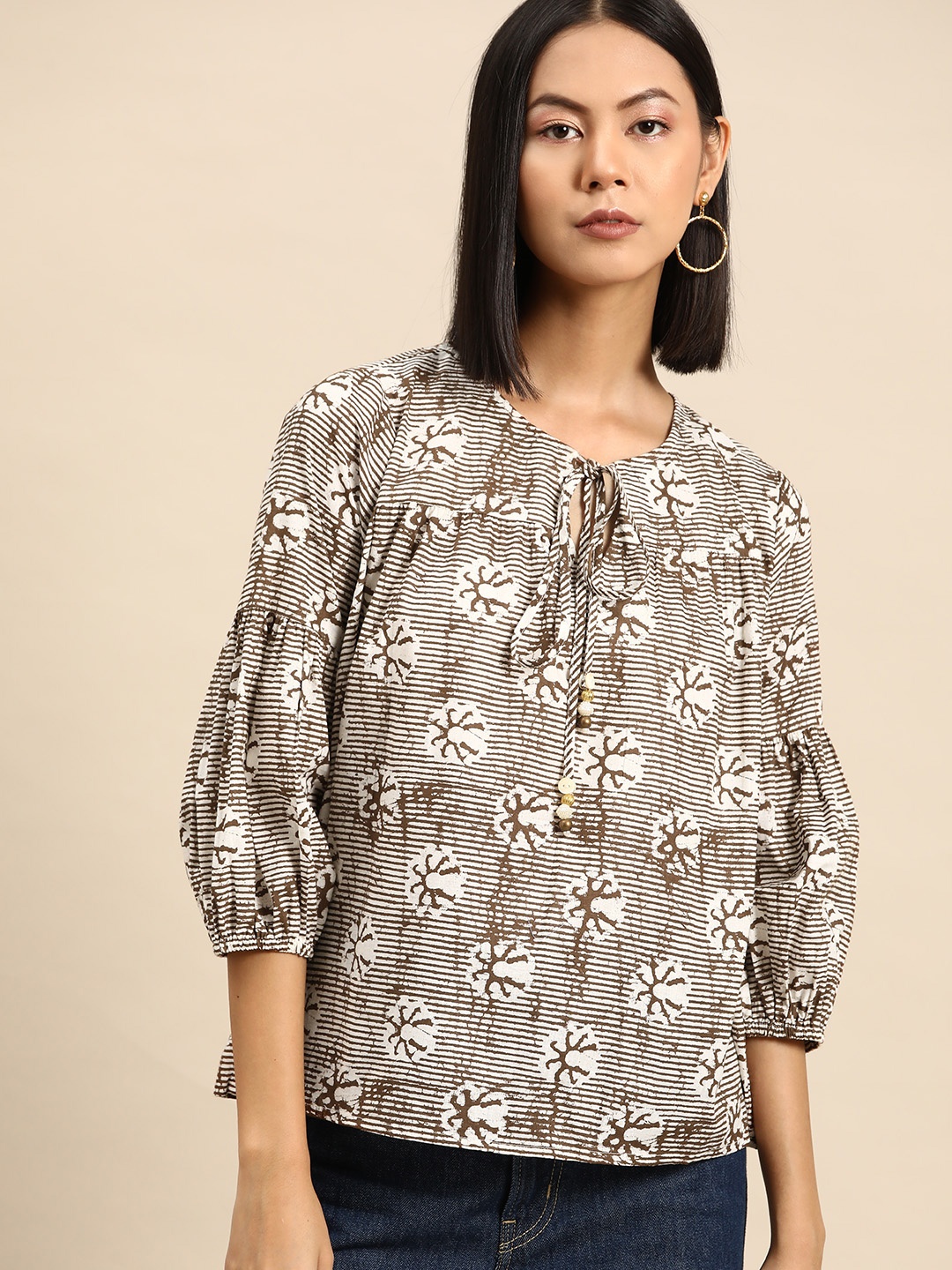 

all about you Printed Tie-Up Neck Puff Sleeve Top, Brown
