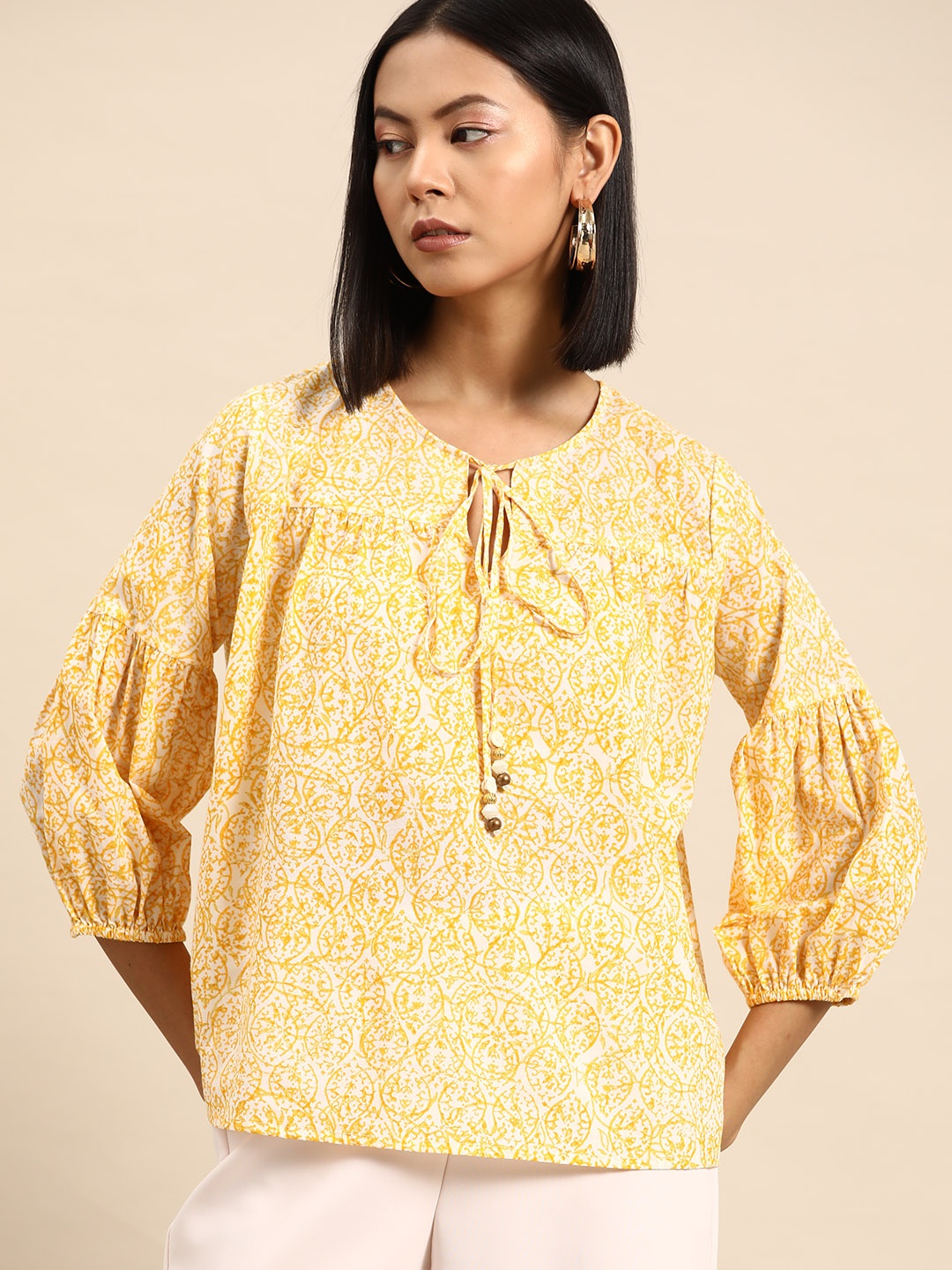 

all about you Printed Tie-Up Neck Puff Sleeve Top, Yellow