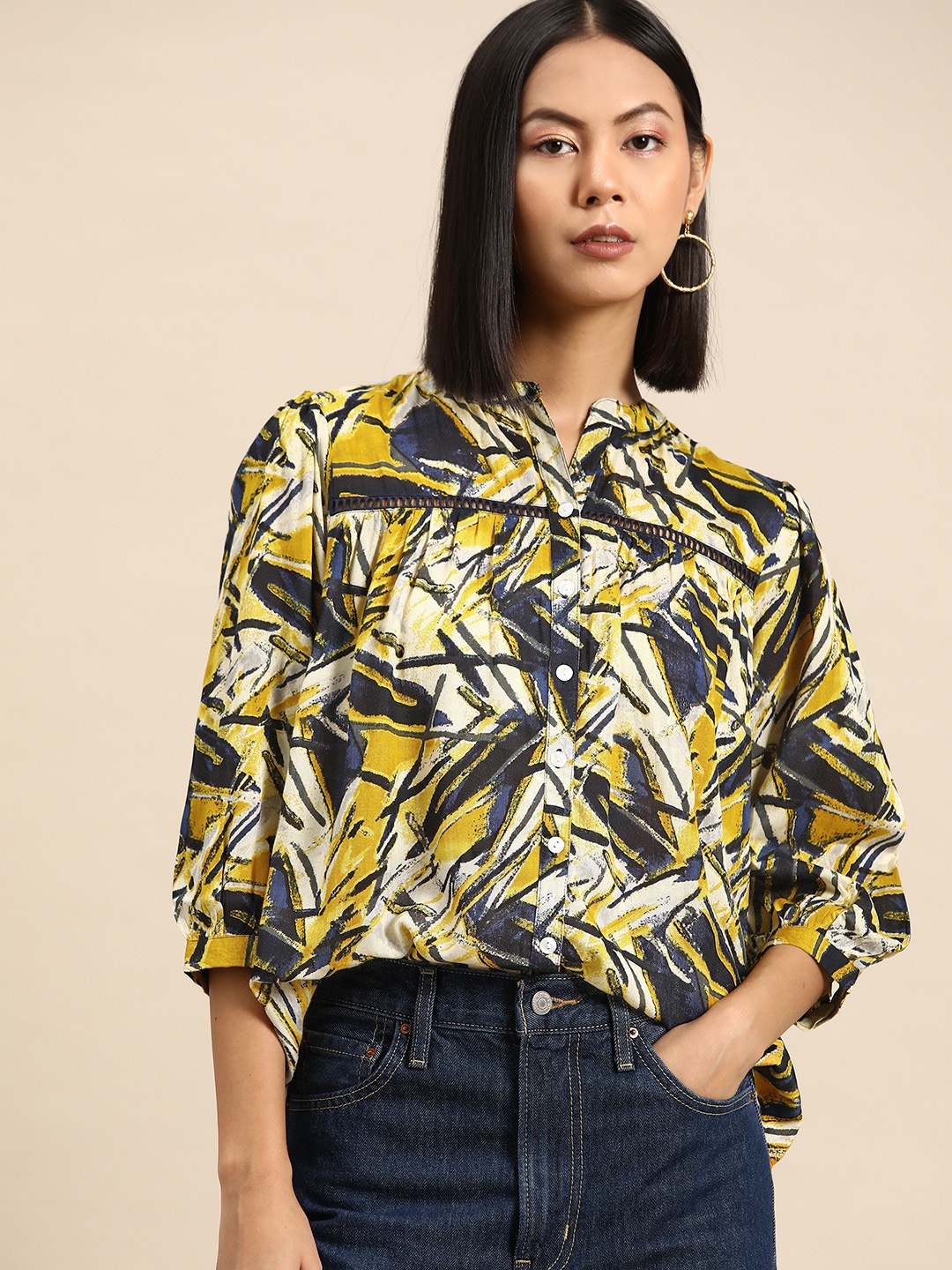 

all about you Printed Mandarin Collar Puff Sleeve Shirt Style Top, Yellow