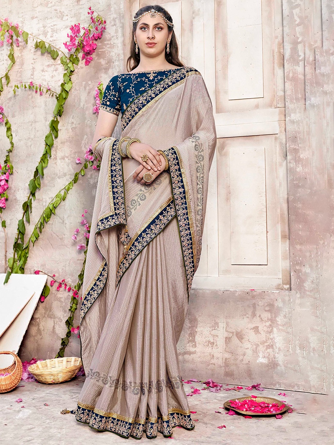 

Mitera Beige & Blue Embellished Saree