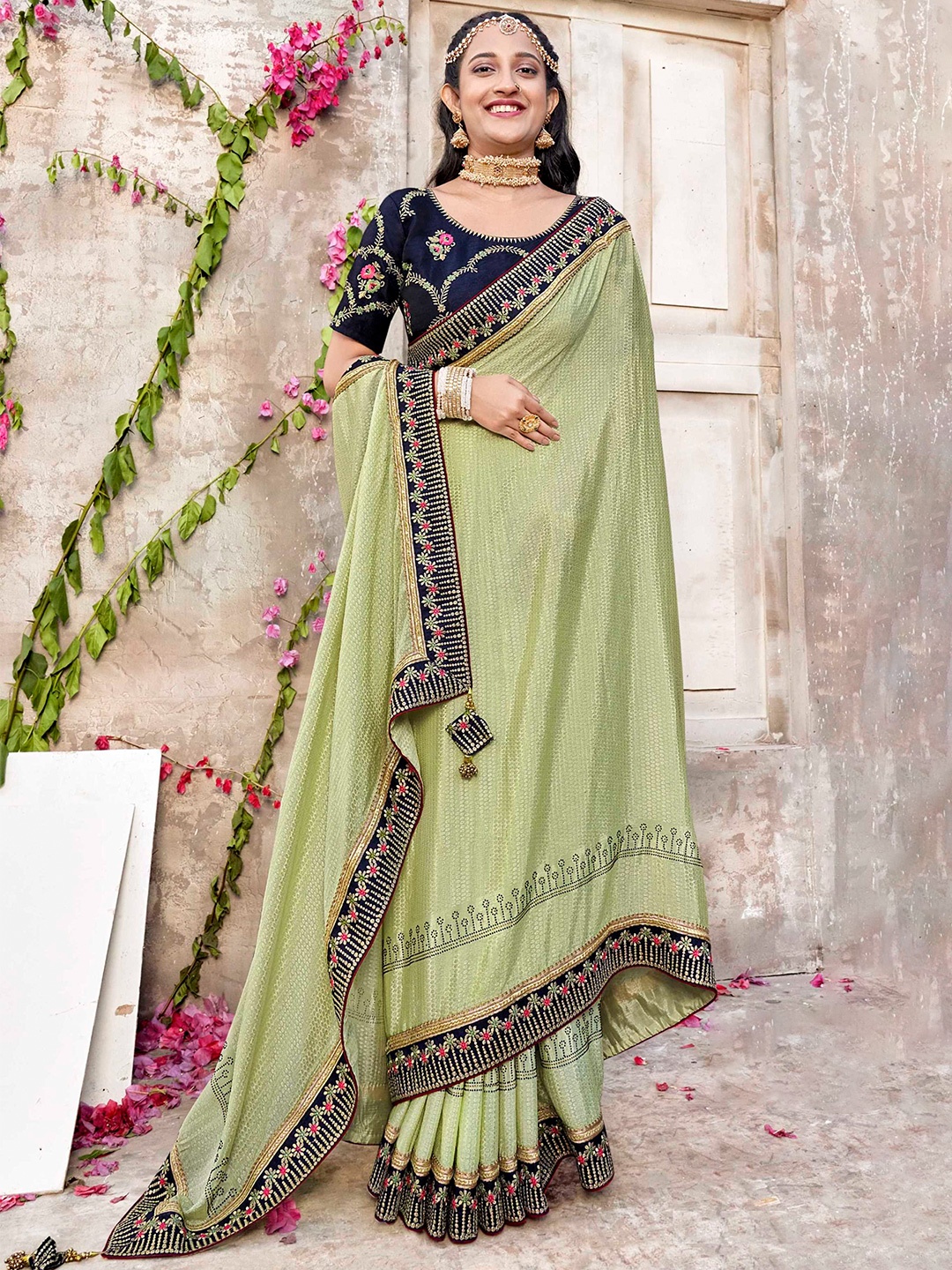 

Mitera Green & Blue Embellished Silk Blend Saree
