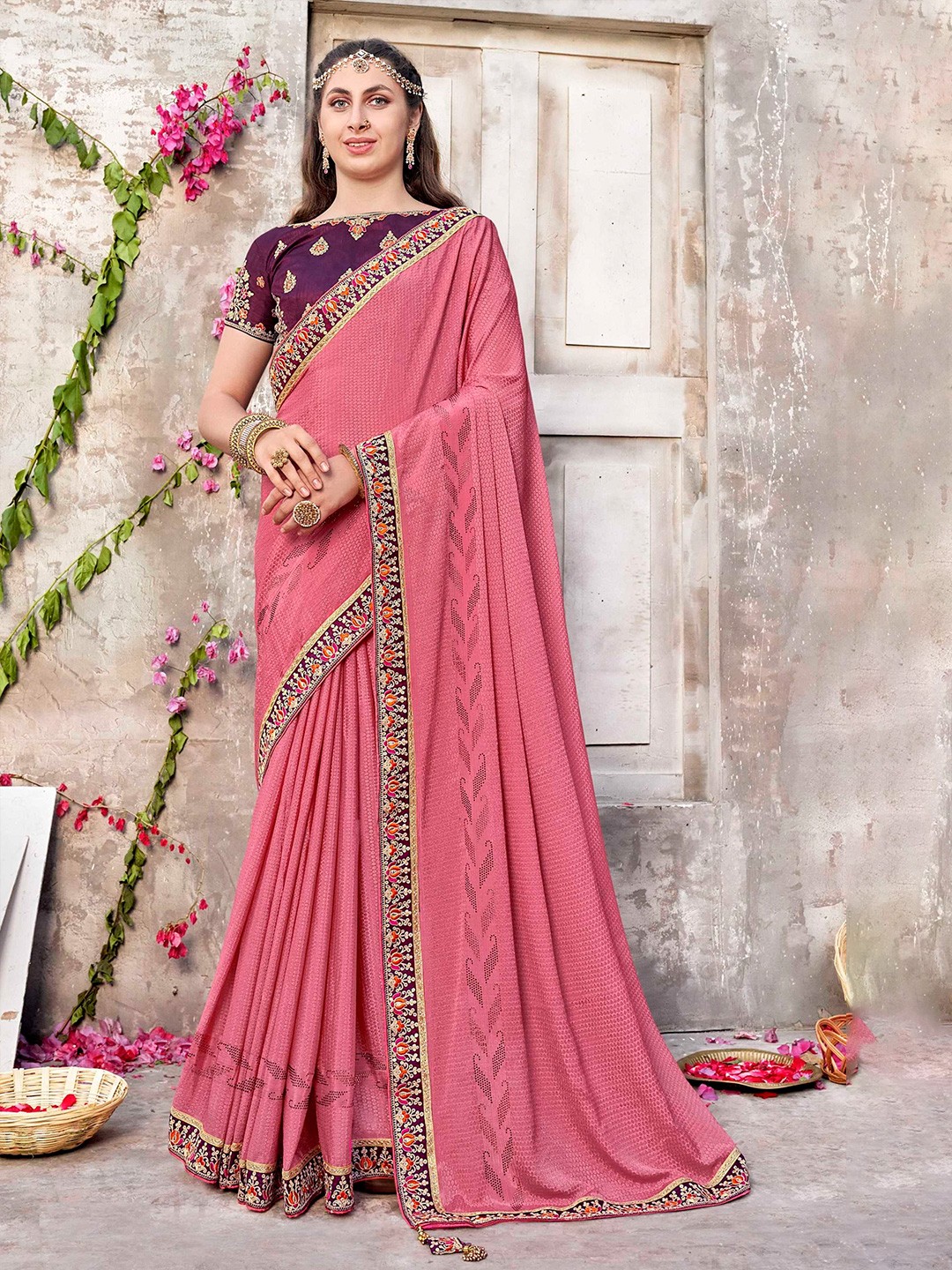 

Mitera Pink & Brown Ethnic Motifs Woven Design Beads & Stones Saree