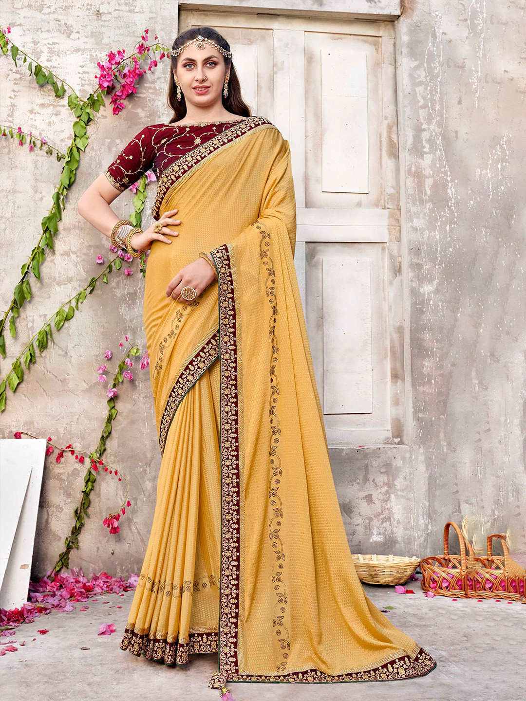 

Mitera Yellow & Red Ethnic Motifs Woven Design Beads And Stones Saree