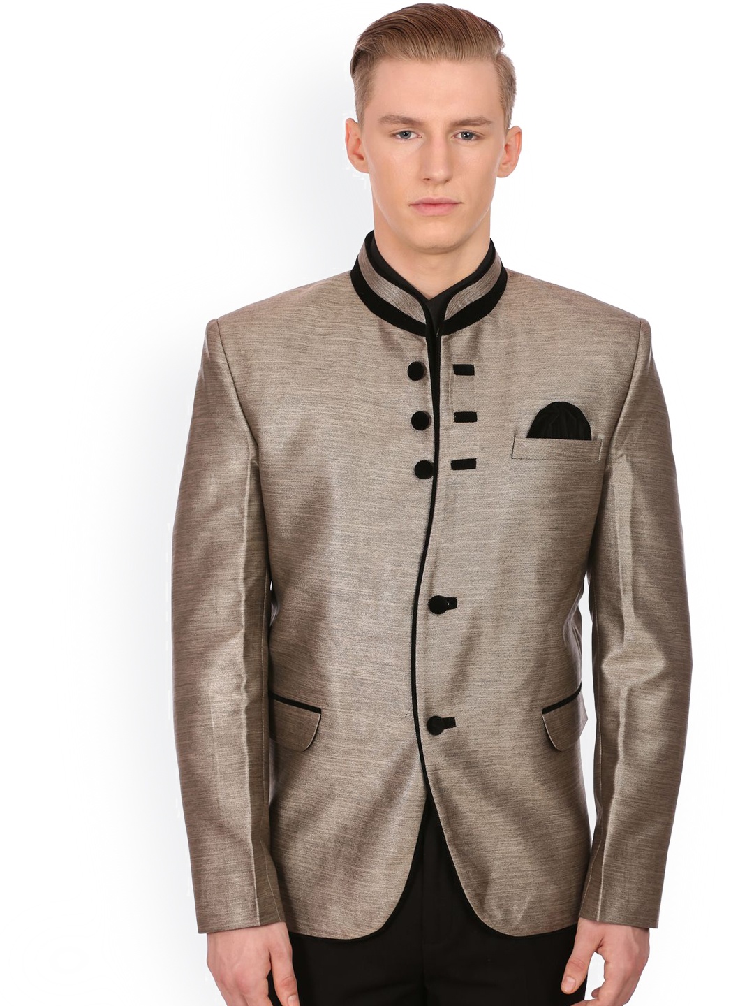

Wintage Gold Solid Tailored Fit Ethnic Bandhgala Blazer
