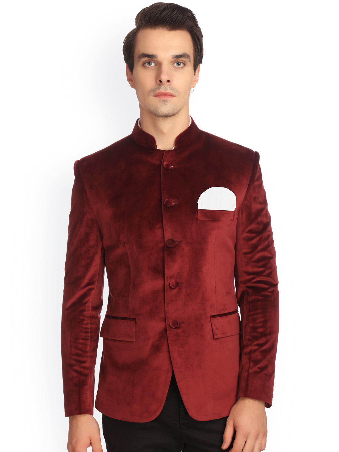 

Wintage Maroon Solid Tailored Fit Ethnic Bandhgala Blazer