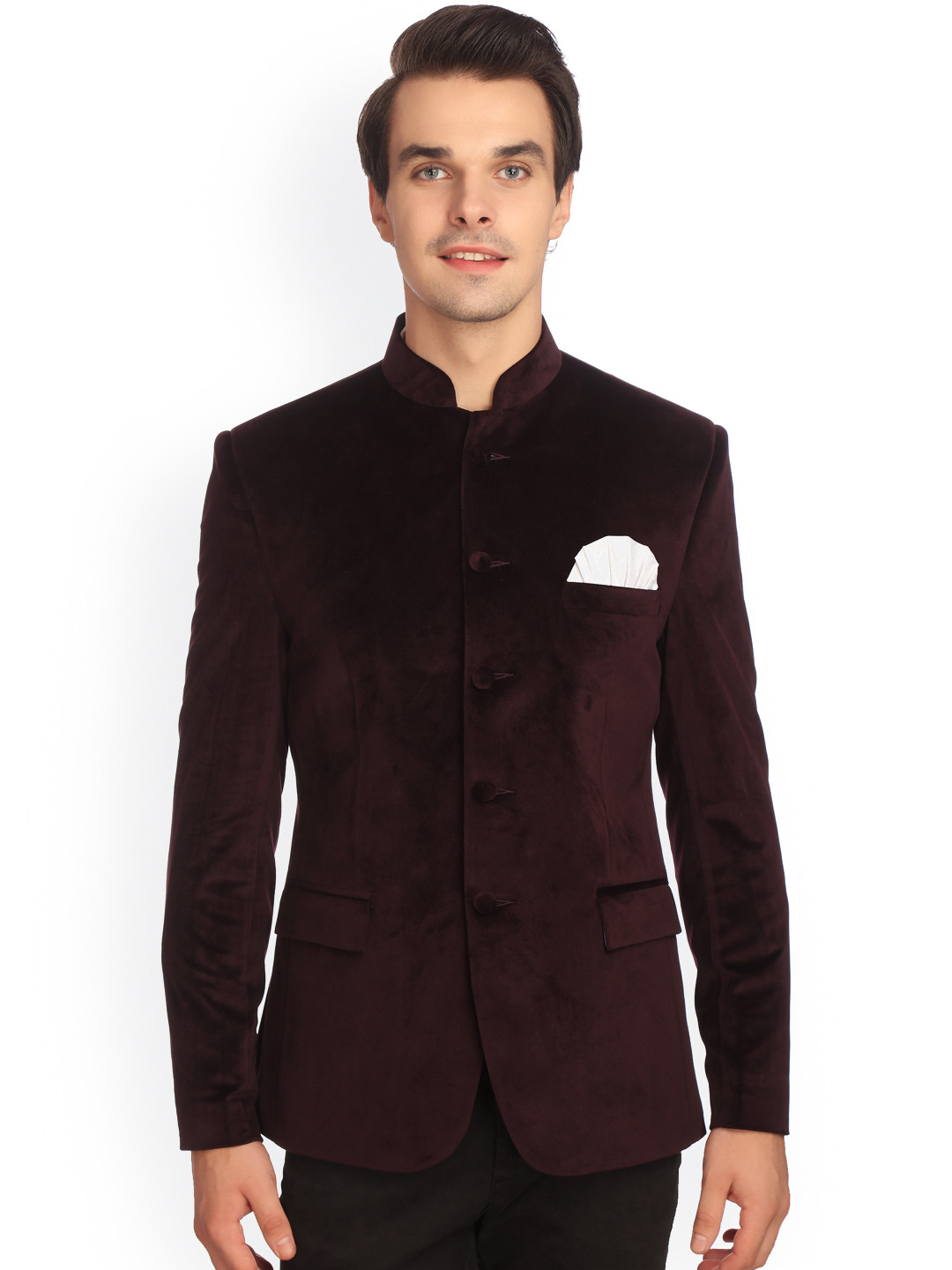 

Wintage Burgundy Solid Tailored Fit Ethnic Bandhgala Blazer