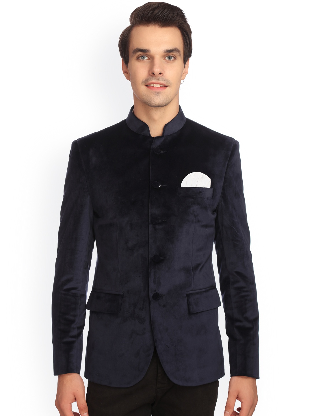 

Wintage Navy Blue Solid Tailored Fit Ethnic Bandhgala Blazer