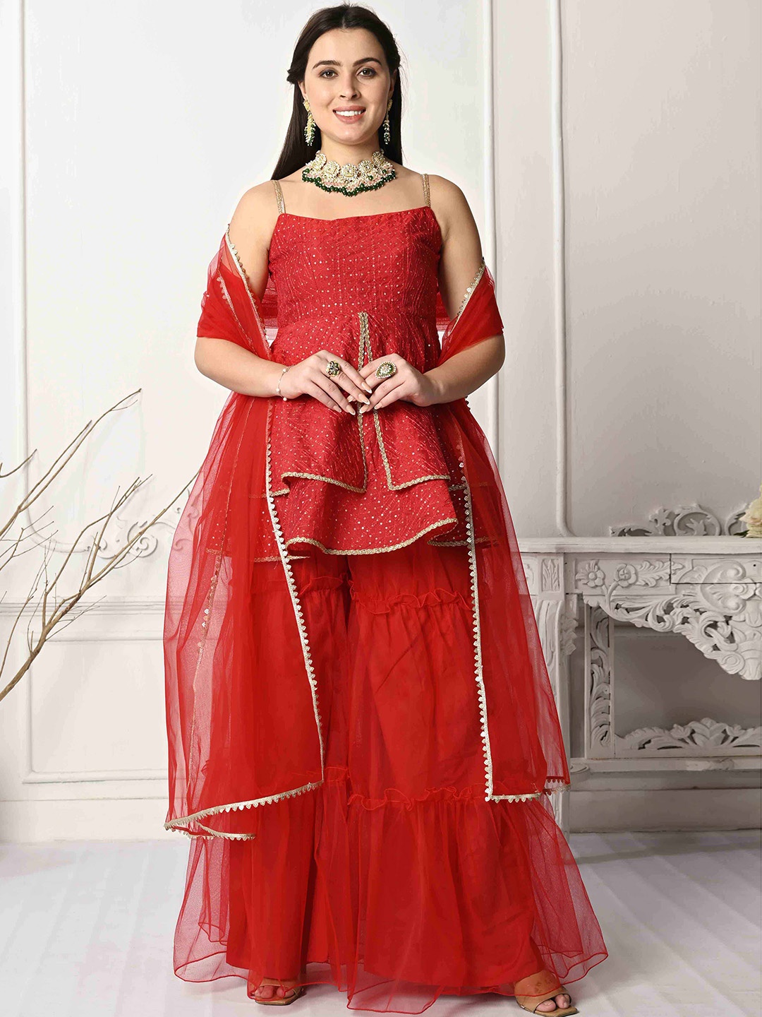 

Ethnovog Geometric Embroidered Layered Kurti & Sharara With Dupatta, Red