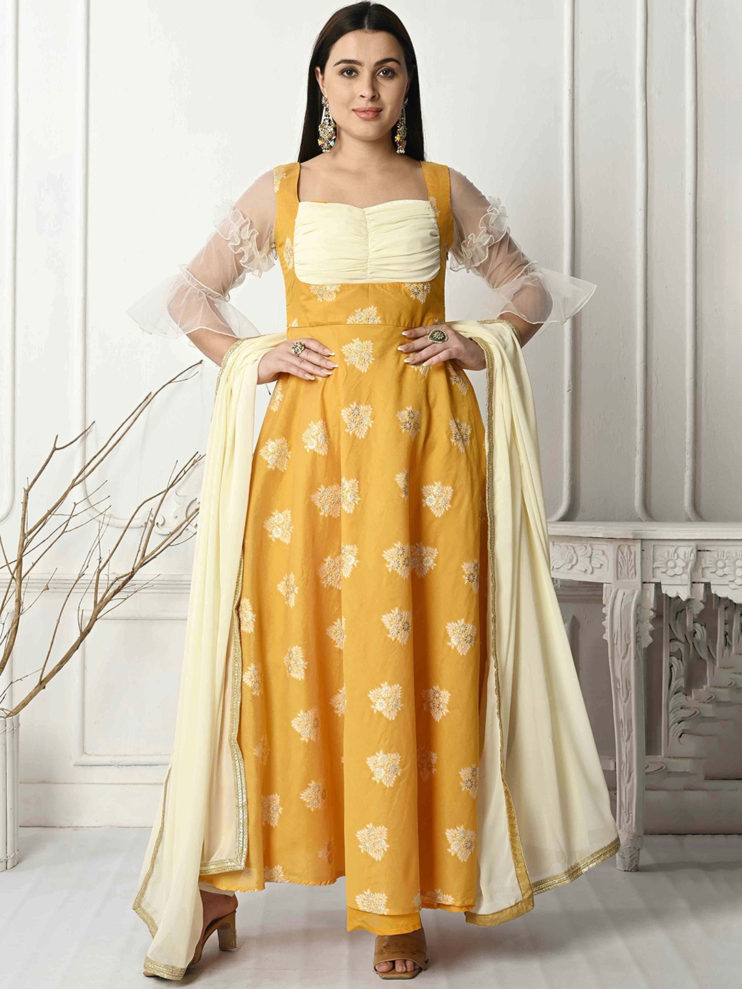 

Ethnovog Floral Printed Bell Sleeves Empire A-Line Kurta with Trousers & Dupatta, Mustard
