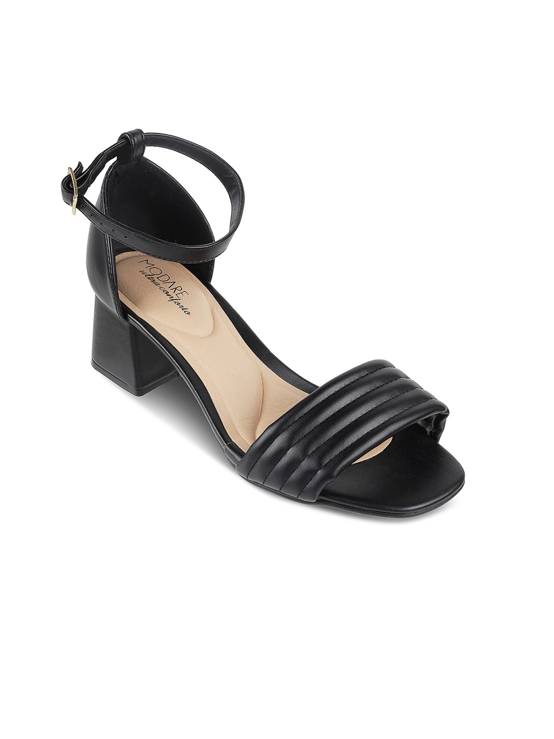 

MODARE Textured Open Toe Block Heels With Ankle Loop, Black