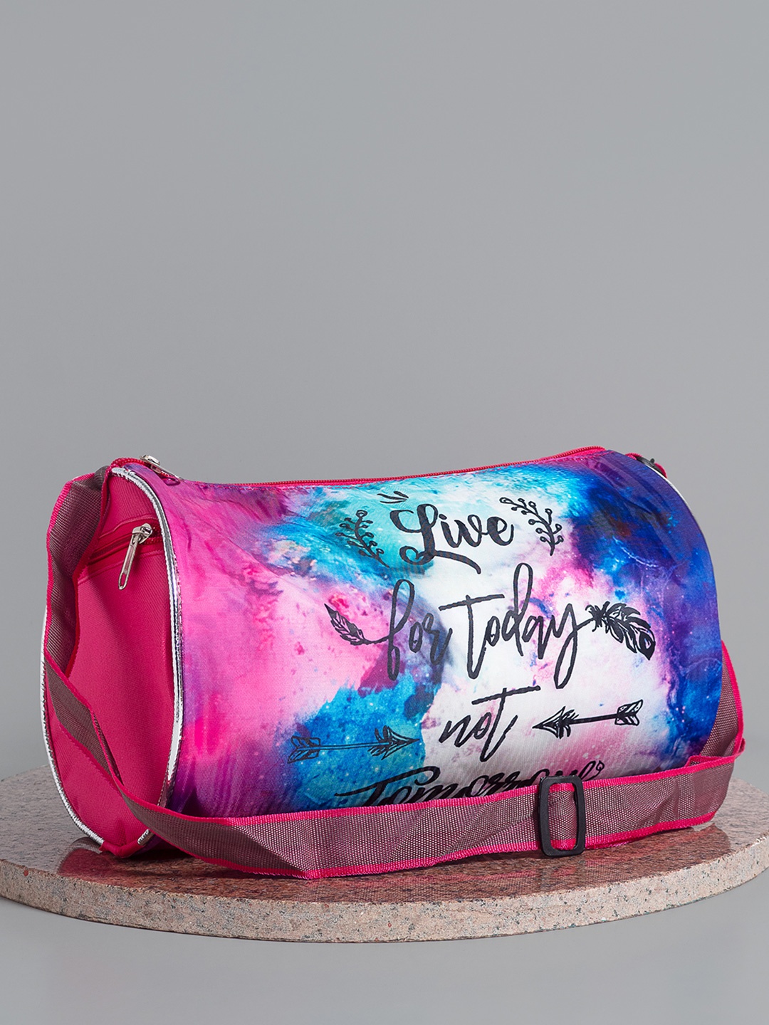 

Golden Peacock Typography Printed Shoulder Straps Kids Duffel Bag, Pink