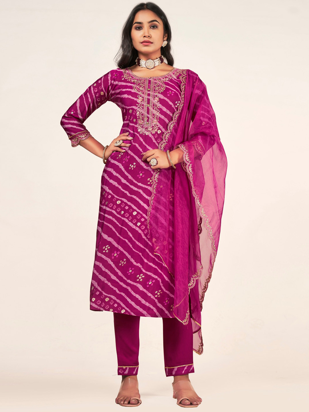 

Sangria Leheriya Printed Embroidered Straight Kurta With Trousers & Dupatta, Magenta