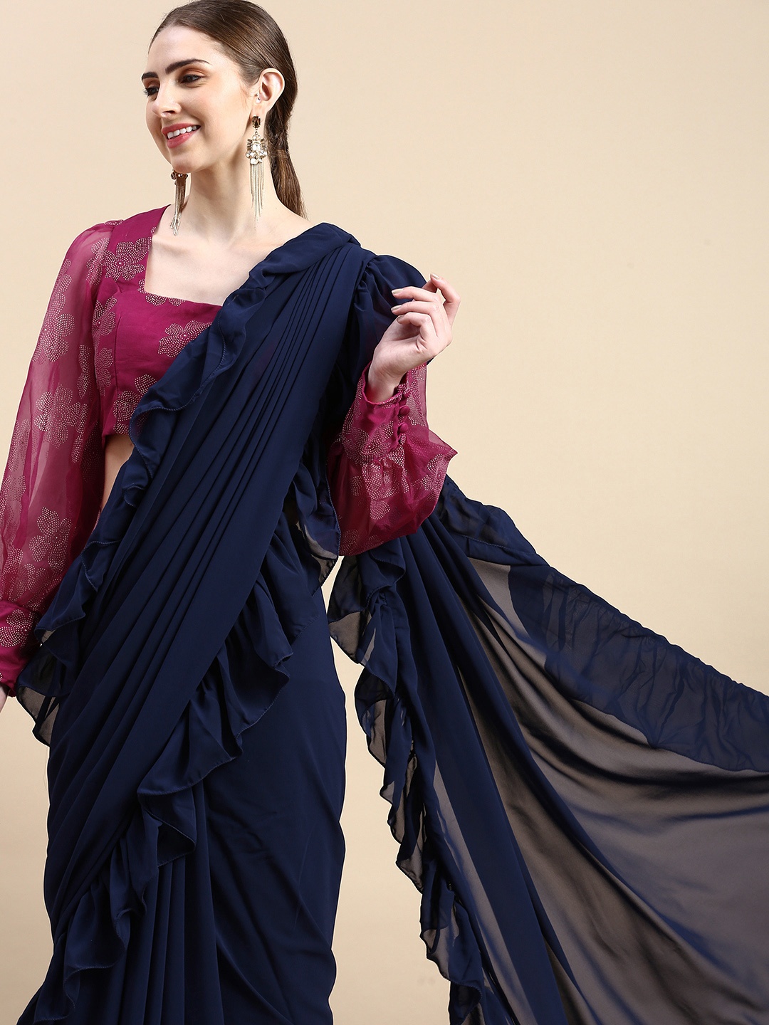 

Ethnovog Poly Georgette Saree With Stitched Blouse, Pink