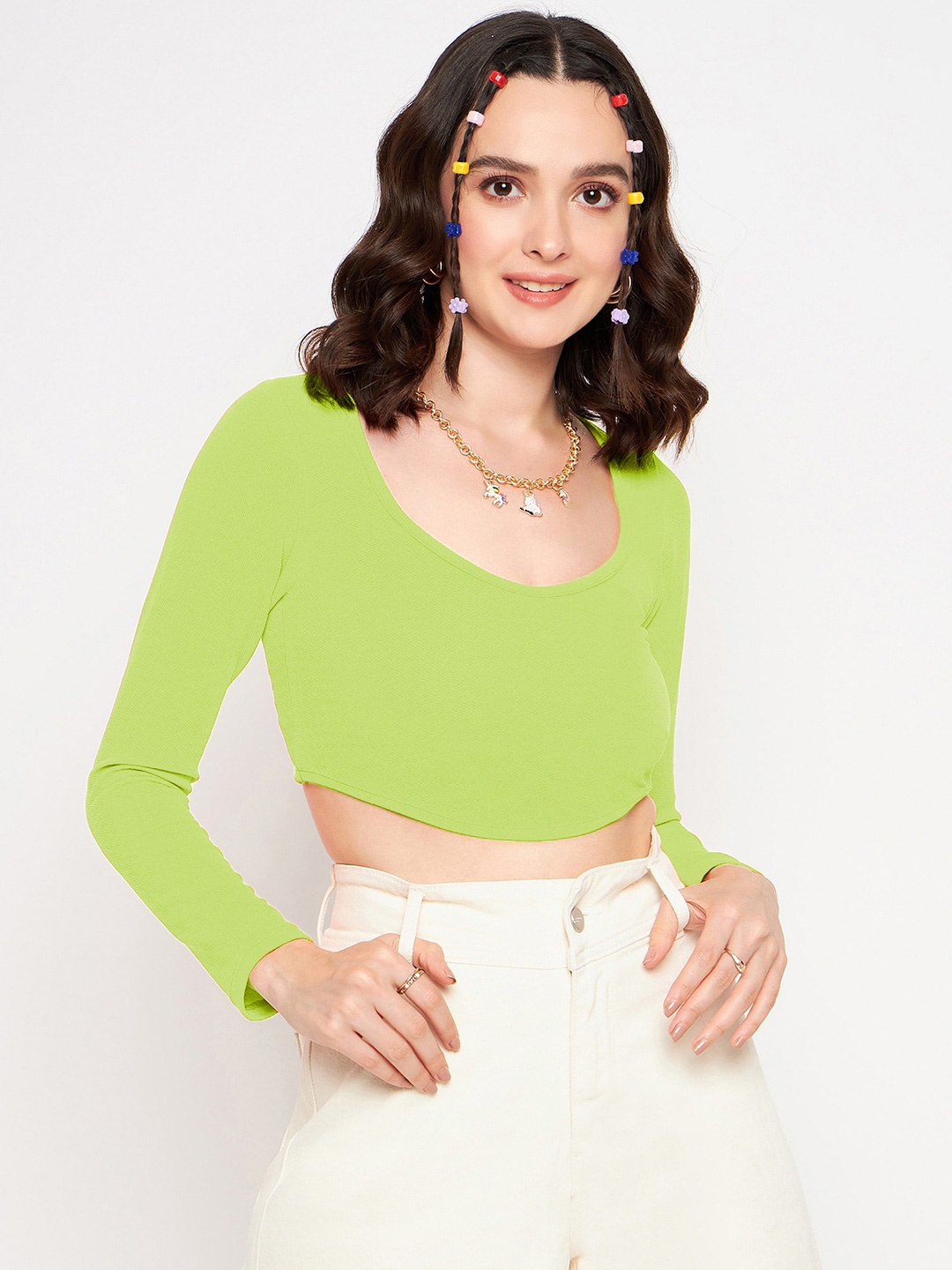 

Uptownie Lite Green Scoop Neck Long Sleeves Crop Top