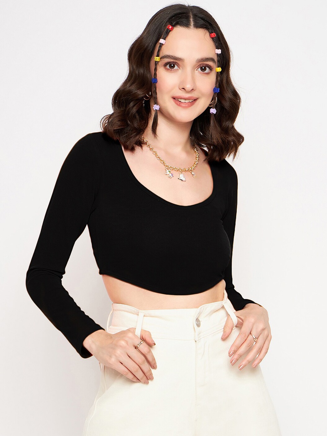 

Uptownie Lite Black Scoop Neck Long Sleeves Fitted Crop Top