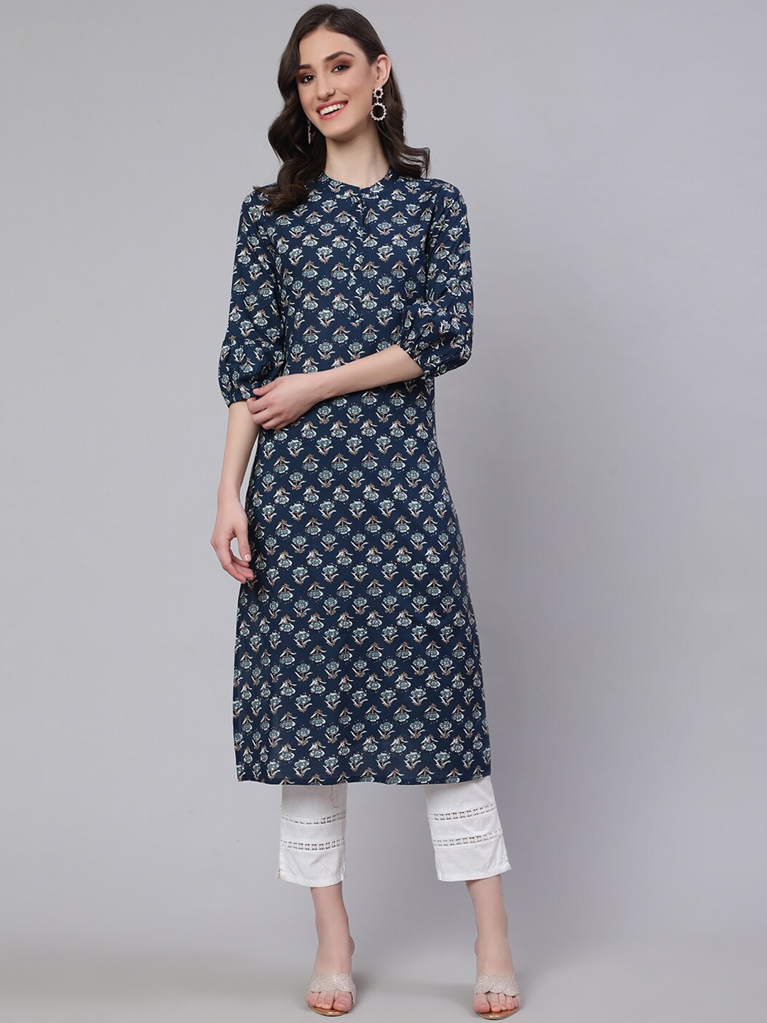 

Nayo Ethnic Motifs Printed Straight Pure Cotton Kurta, Navy blue