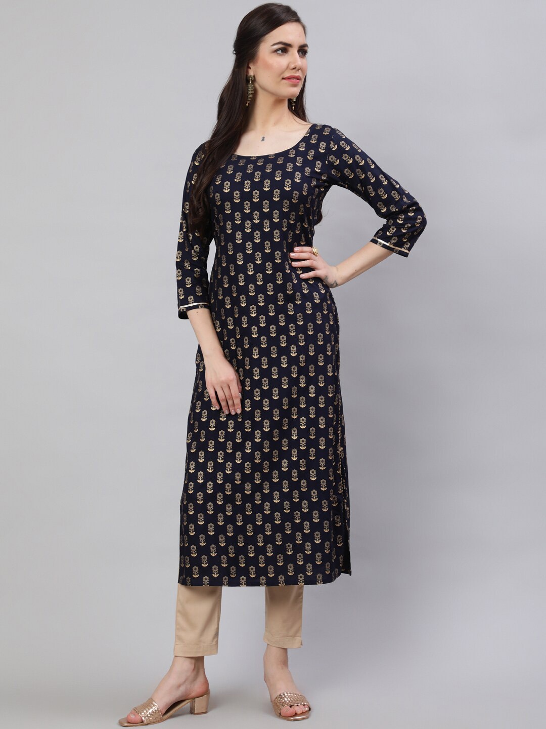 

Nayo Ethnic Motifs Printed Straight Pure Cotton Kurta, Navy blue