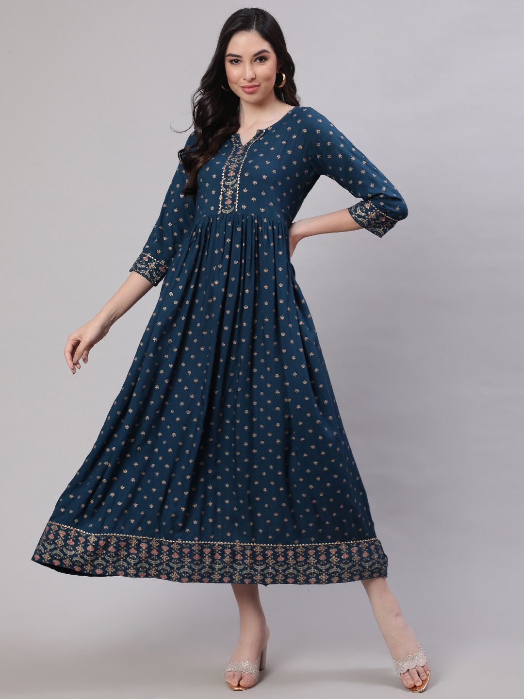 

Nayo Ethnic Motifs Printed Gathered Detail Fit & Flare Ethnic Dress, Teal