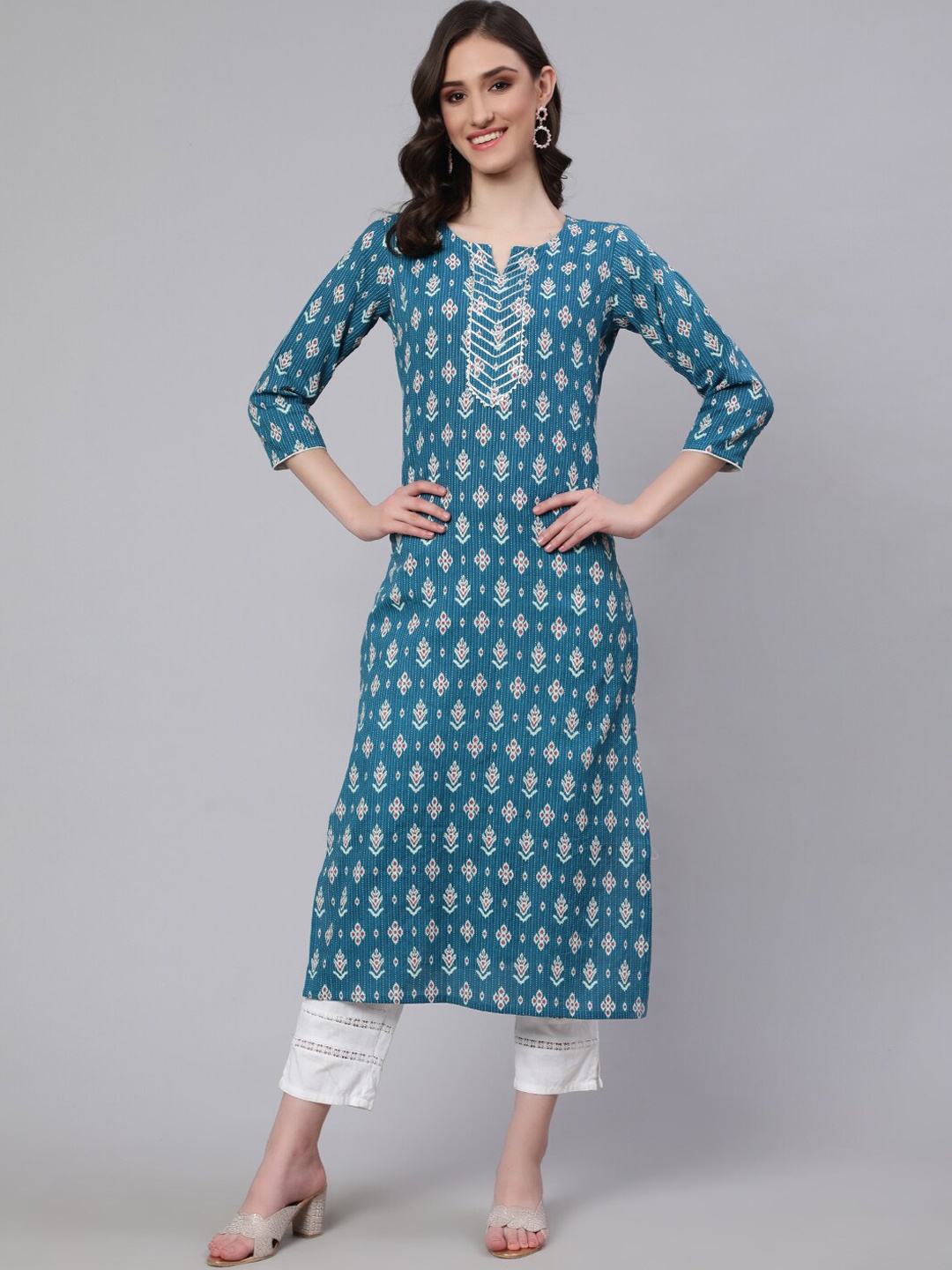 

Nayo Ethnic Motifs Printed Straight Pure Cotton Kurta, Blue