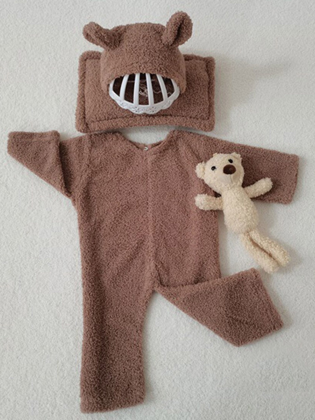 

Babymoon Pack Of 4 Velvet Ready Romper Toy Pillow & Cap Baby Photoshoot Props, Brown