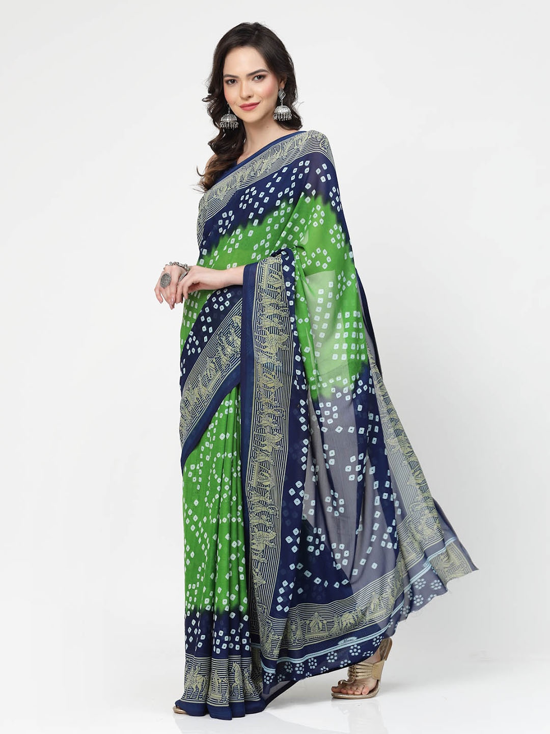 

KALINI Bandhani Printed Poly Georgette Saree, Green