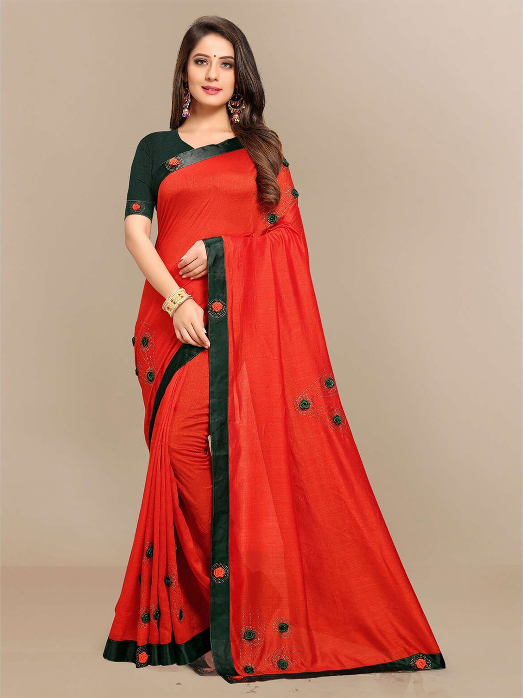 Mitera Floral Embroidered Silk Blend Saree, Red