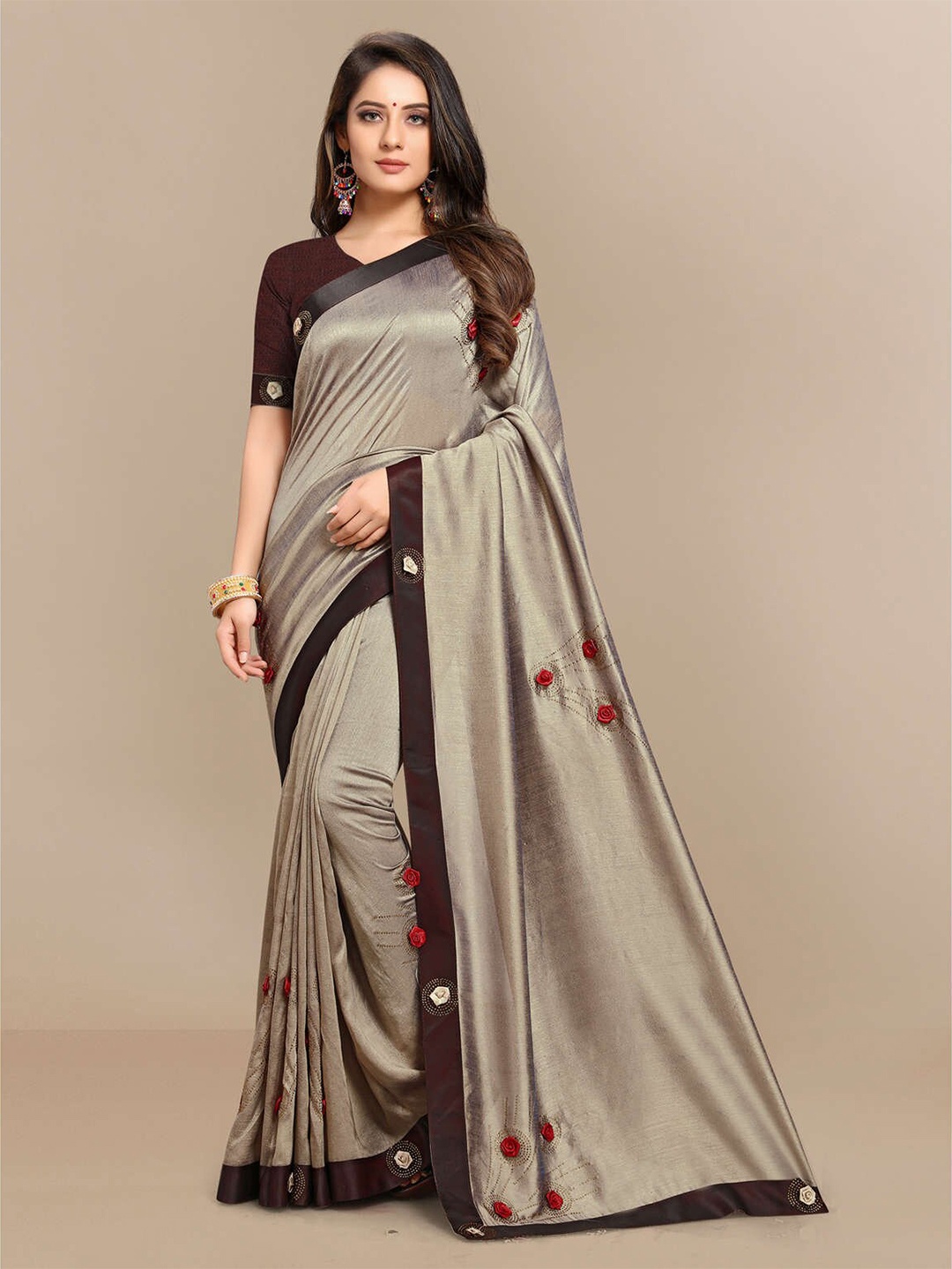 

Mitera Khaki & Brown Floral Embellished Saree