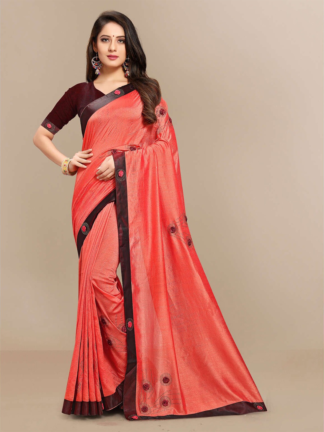 

Mitera Peach-Coloured & Brown Floral Embroidered Saree