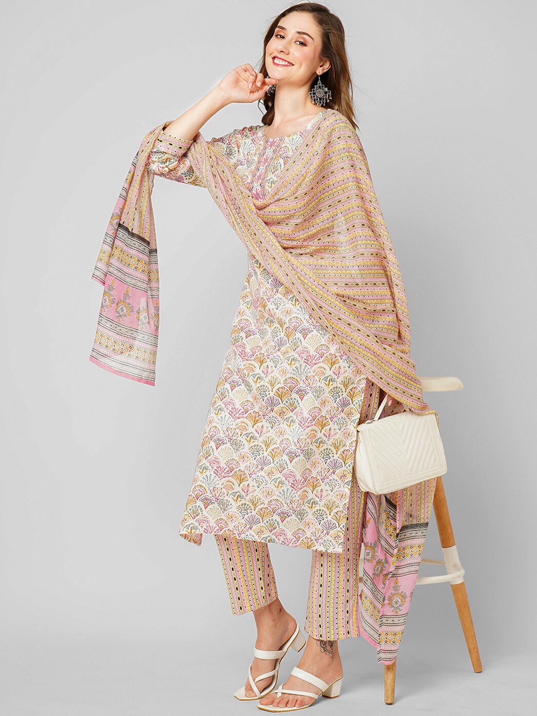 

Kiana Abstract Printed Kurta & Trousers With Dupatta, Pink