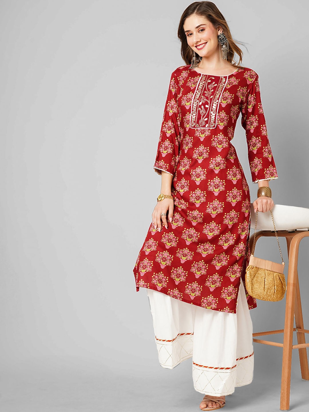 

Kiana House Of Fashion Ethnic Motifs Printed Zari Straight Kurta With Sharara, Maroon