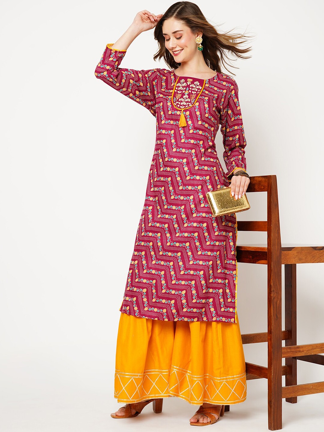 

Kiana House Of Fashion Ethnic Motifs Printed Zari Straight Kurta With Sharara, Maroon