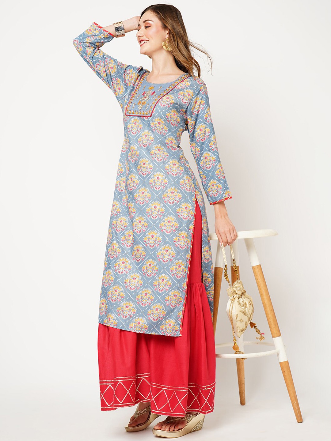 

Kiana House Of Fashion Ethnic Motifs Bandhani Printed Zari Straight Kurta With Sharara, Blue