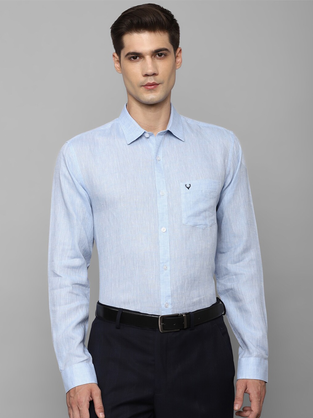 

Allen Solly Men Slim Fit Opaque Pure Linen Formal Shirt, Blue